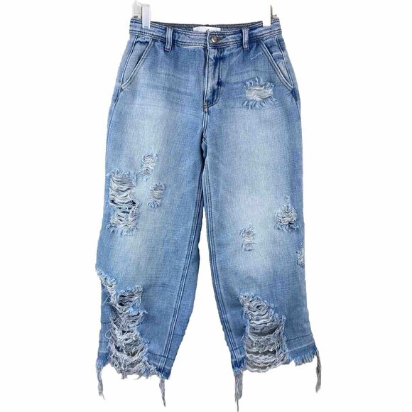 KanCan Denim - SOLD KanCan Mid Rise Cropped Wide Leg Jeans Distressed Medium Wash Size 5 Boho